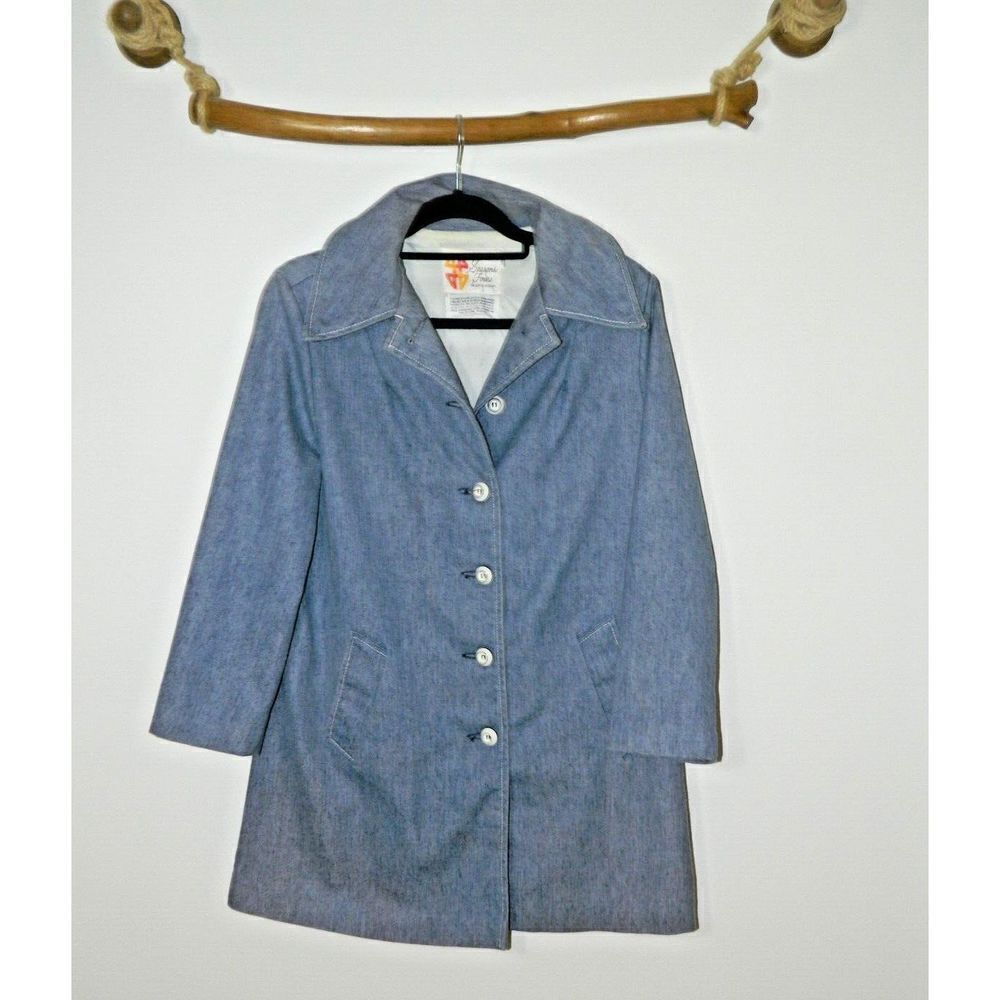 Season Four Coat Trench Women's Size Medium Vintage Blue Chambray 3/4 Length